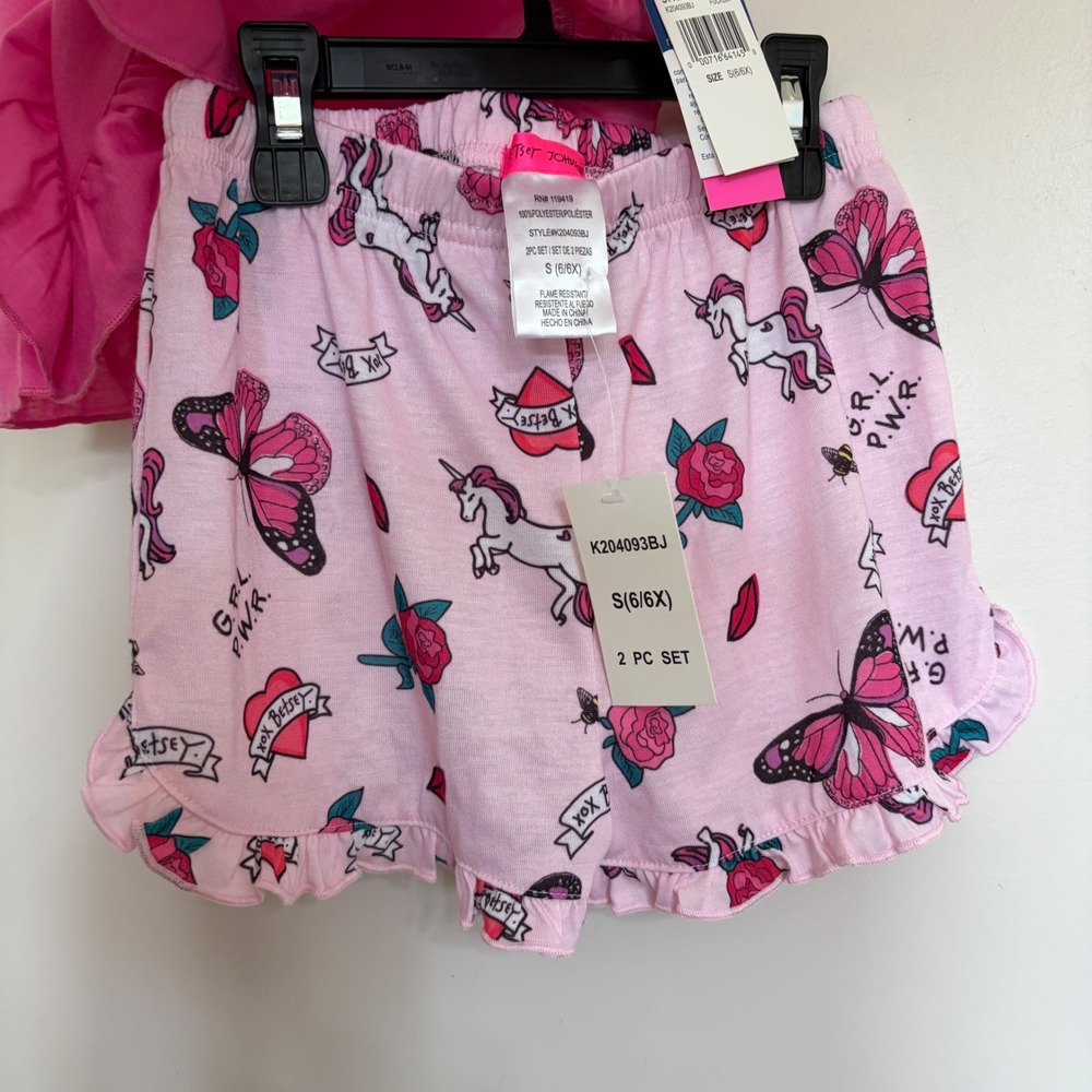 Betsey Johnson Kids Pink 2PC Pajama Set Heart Unicorn Ruffle Size S 6/6X NEW - Picture 6 of 7